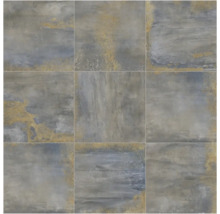 Feinsteinzeugfliesen im Betonlook mit metallischen Akzenten, quadratisches Format für Wand und Boden.