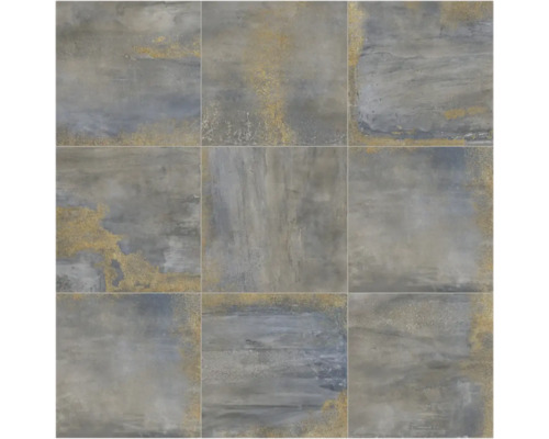 Feinsteinzeugfliesen im Betonlook mit metallischen Akzenten, quadratisches Format für Wand und Boden.