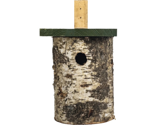 Nichoir en tronc de bouleau naturel avec toit plat, trou d'envol et latte de fixation en bois.