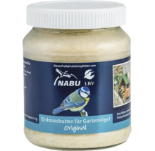 Erdnussbutter für Gartenvögel Original im Kunststoffglas mit weißem Deckel, empfohlen vom NABU Logo und LBV Logo.