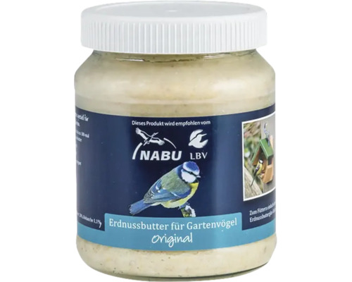 Erdnussbutter für Gartenvögel Original im Kunststoffglas mit weißem Deckel, empfohlen vom NABU Logo und LBV Logo.