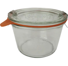 Weck Einmachglas aus Glas mit Glasdeckel, Gummiring und Metallklammern.