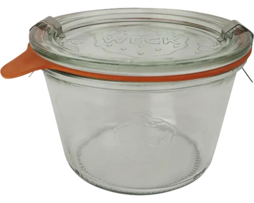 Weck Einmachglas aus Glas mit Glasdeckel, Gummiring und Metallklammern.
