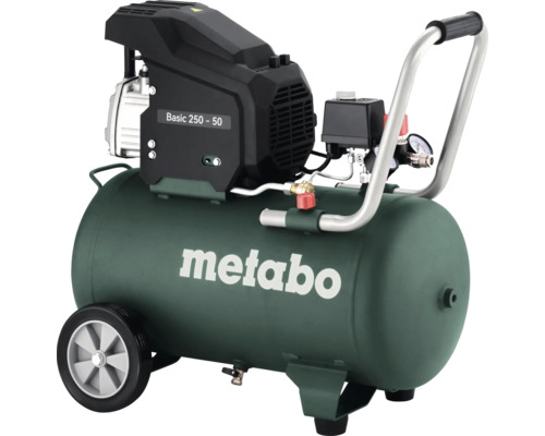 Compresseur à pistons Metabo Basic 250 - 50 vert avec réservoir de 50 litres, roues et poignée.