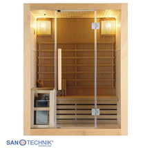 Elementsauna Sanotechnik Riga inkl. 4,5 kW Ofen mit Dachkranz und Ganzglastüre aus Klarglas