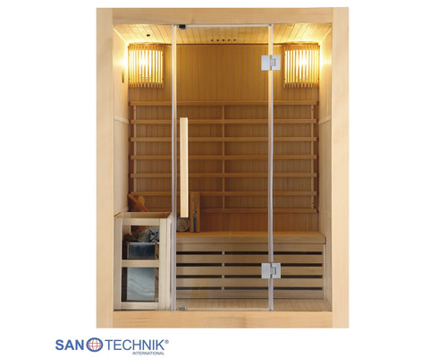 Elementsauna Sanotechnik Riga inkl. 4,5 kW Ofen mit Dachkranz und Ganzglastüre aus Klarglas