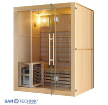 Elementsauna Sanotechnik Riga inkl. 4,5 kW Ofen mit Dachkranz und Ganzglastüre aus Klarglas