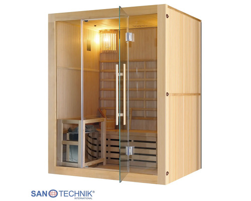 Elementsauna Sanotechnik Riga inkl. 4,5 kW Ofen mit Dachkranz und Ganzglastüre aus Klarglas