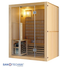 Elementsauna Sanotechnik Riga inkl. 4,5 kW Ofen mit Dachkranz und Ganzglastüre aus Klarglas
