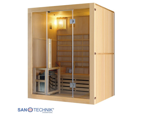 Elementsauna Sanotechnik Riga inkl. 4,5 kW Ofen mit Dachkranz und Ganzglastüre aus Klarglas