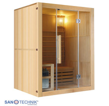 Elementsauna Sanotechnik Riga inkl. 4,5 kW Ofen mit Dachkranz und Ganzglastüre aus Klarglas