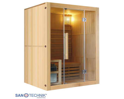 Elementsauna Sanotechnik Riga inkl. 4,5 kW Ofen mit Dachkranz und Ganzglastüre aus Klarglas