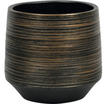 Cache-pot rond avec surface texturée, rainures horizontales et finition métallique.