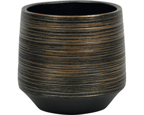 Cache-pot rond avec surface texturée, rainures horizontales et finition métallique.