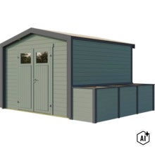 Abri de jardin en bois avec double porte et extension intégrée pour abri poubelles sous forme de kit de montage (Image AI modified or generated)