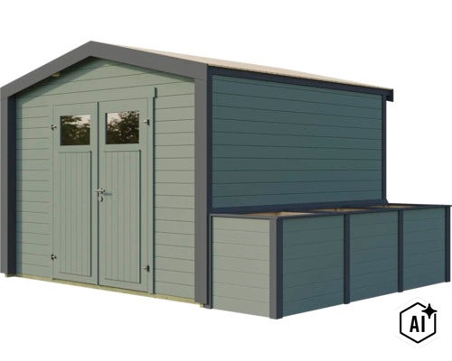 Abri de jardin en bois avec double porte et extension intégrée pour abri poubelles sous forme de kit de montage (Image AI modified or generated)