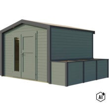 Abri de jardin moderne en bois avec toit en appentis, double porte avec éléments vitrés et annexe latérale pour le rangement. (Image AI modified or generated)