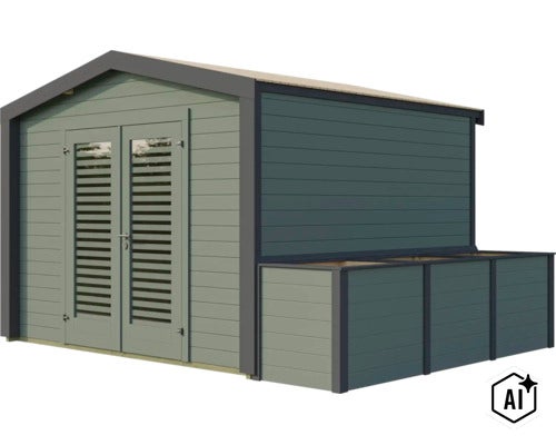 Abri de jardin en bois avec porte double et extension latérale pour poubelles (Image AI modified or generated)