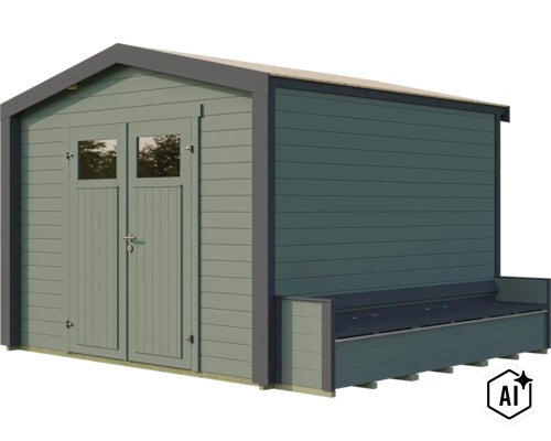 Abri de jardin en bois avec double porte et banc intégré, design moderne pour extérieur. (Image AI modified or generated)