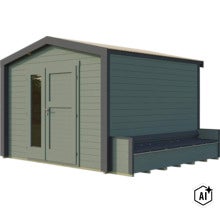 Abri de jardin moderne en bois avec toit en appentis, double porte et banc de jardin intégré sur le côté. (Image AI modified or generated)