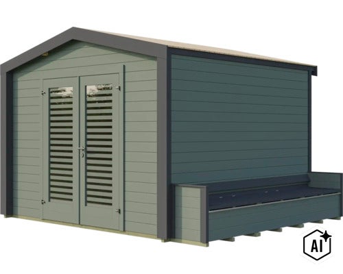 Abri de jardin en bois avec porte double et banc intégré au design moderne pour le rangement des outils de jardin. (Image AI modified or generated)
