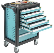 Mobiler Werkstattwagen mit Handgriff, seitlicher Lochwand, ausziehbaren Schubladen mit Werkzeug und Technocraft Logo.