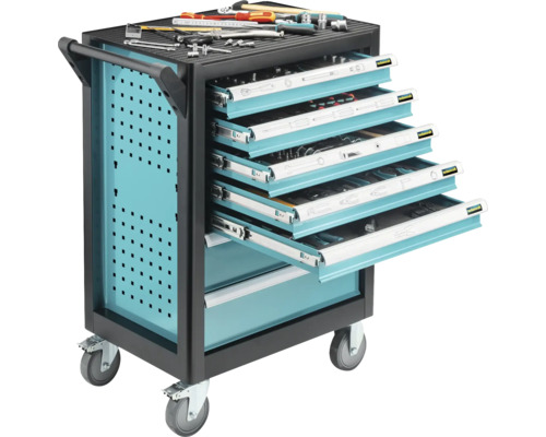 Mobiler Werkstattwagen mit Handgriff, seitlicher Lochwand, ausziehbaren Schubladen mit Werkzeug und Technocraft Logo.