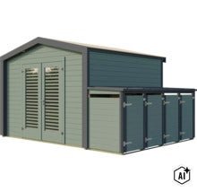 Abri de jardin en bois avec porte double et abri pour poubelles intégré pour extérieur (Image AI modified or generated)