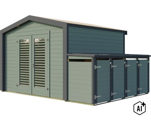 Abri de jardin en bois avec porte double et abri pour poubelles intégré pour extérieur (Image AI modified or generated)