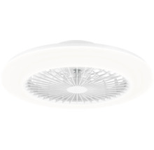 Weißer Deckenventilator mit integrierter LED-Leuchte, rund, Kunststoffgehäuse mit Lamellengitter.