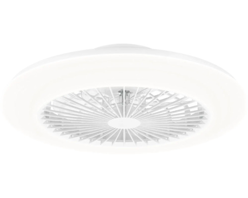 Weißer Deckenventilator mit integrierter LED-Leuchte, rund, Kunststoffgehäuse mit Lamellengitter.