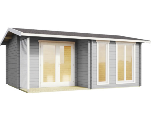 Abri de jardin gris en bois avec doubles portes vitrées blanches, deux grandes fenêtres et un mur à persiennes blanc sur le côté.