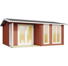 Gartenhaus aus Holz in Rot mit weißen Doppeltüren, zwei Fenstern und einer Seitenwand mit Lamellen.