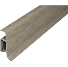 Sockelleiste in Holzoptik mit Montageschiene und Kabelführung.
