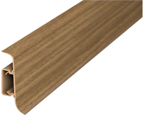 Sockelleiste mit Holzmaserung und integriertem Befestigungskanal für Bodenabschlüsse.
