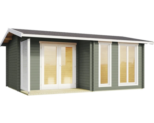 Modernes Gartenhaus aus Holz mit dunkelgrauer Fassade, weißer Doppelflügeltür mit Glasausschnitt und großen Fenstern.