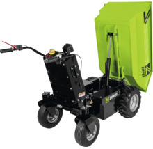 Zipper Motordumper mit vier Rädern und einer hochgefahrenen grünen hydraulischen Kippmulde.