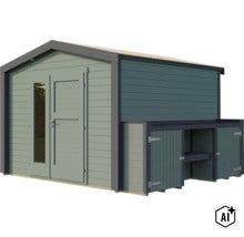Abri de jardin en bois avec toit à deux pans, porte double vitrée et espace de rangement annexe avec portes en bois. (Image AI modified or generated)