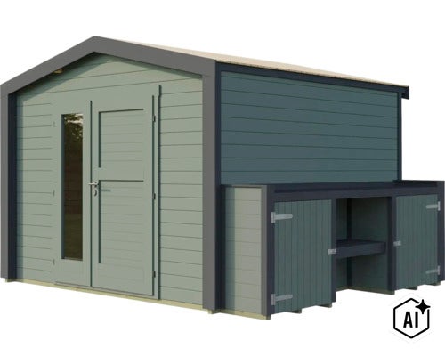 Abri de jardin en bois avec toit à deux pans, porte double vitrée et espace de rangement annexe avec portes en bois. (Image AI modified or generated)