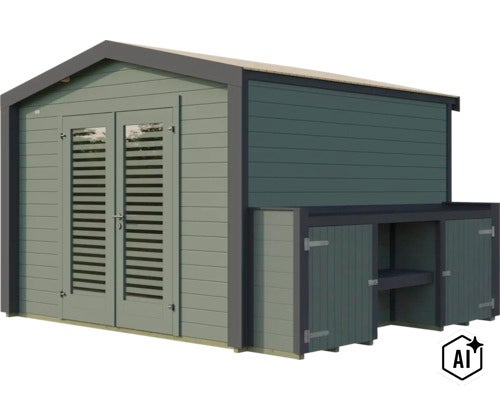 Abri de jardin en bois avec double porte et annexe intégrée pour le rangement des outils de jardin. (Image AI modified or generated)
