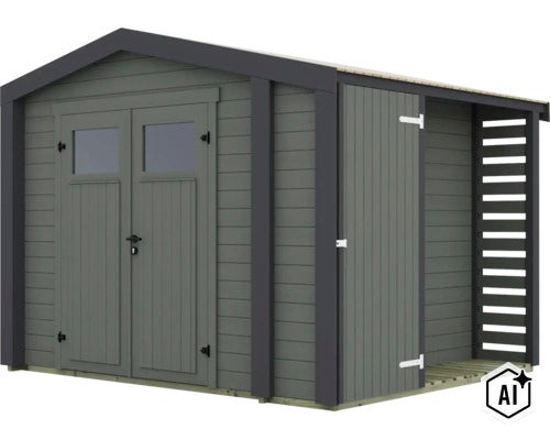 Abri de jardin en bois avec double porte et appentis latéral (Image AI modified or generated)