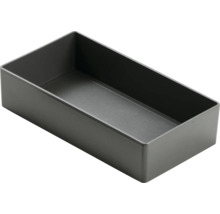 Boîte de rangement rectangulaire gris foncé en plastique avec fond structuré.