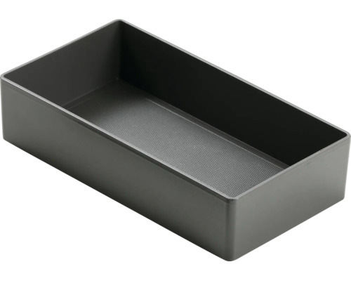 Boîte de rangement rectangulaire gris foncé en plastique avec fond structuré.