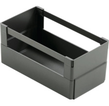 Boîte de rangement grise en plastique avec rehausse de cadre pour tiroirs et armoires.