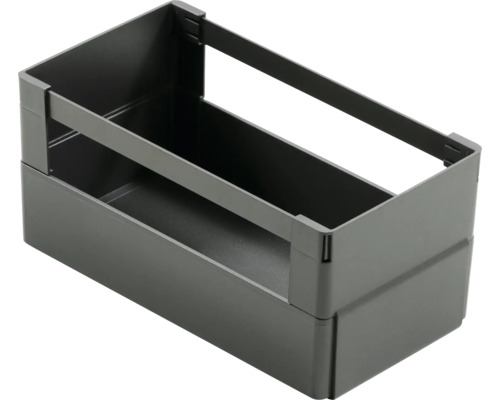 Boîte de rangement grise en plastique avec rehausse de cadre pour tiroirs et armoires.