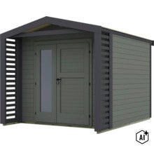 Abri de jardin moderne en bois avec portes doubles, panneau vitré et panneaux à lamelles latéraux. (Image AI modified or generated)