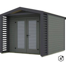 Abri de jardin moderne en bois avec porte double, éléments à lamelles sur les côtés et toit à deux versants. (Image AI modified or generated)