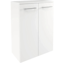 Armoire blanche à deux portes avec poignées en métal argenté.