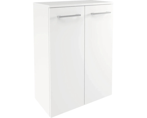 Armoire blanche à deux portes avec poignées en métal argenté.
