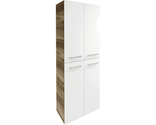 Armoire haute avec quatre façades blanches, corps aspect bois et quatre poignées en métal.